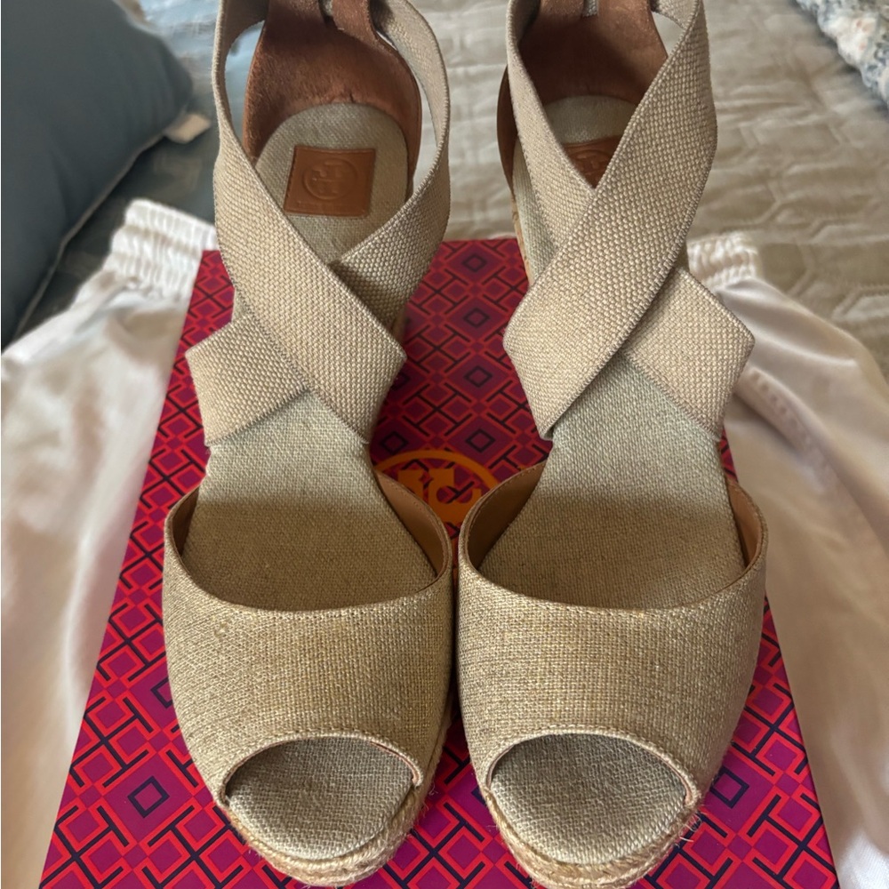 Tory Burch Tan Wedge Sandals- Gently used.. wear on bottom - shoe in good shape.